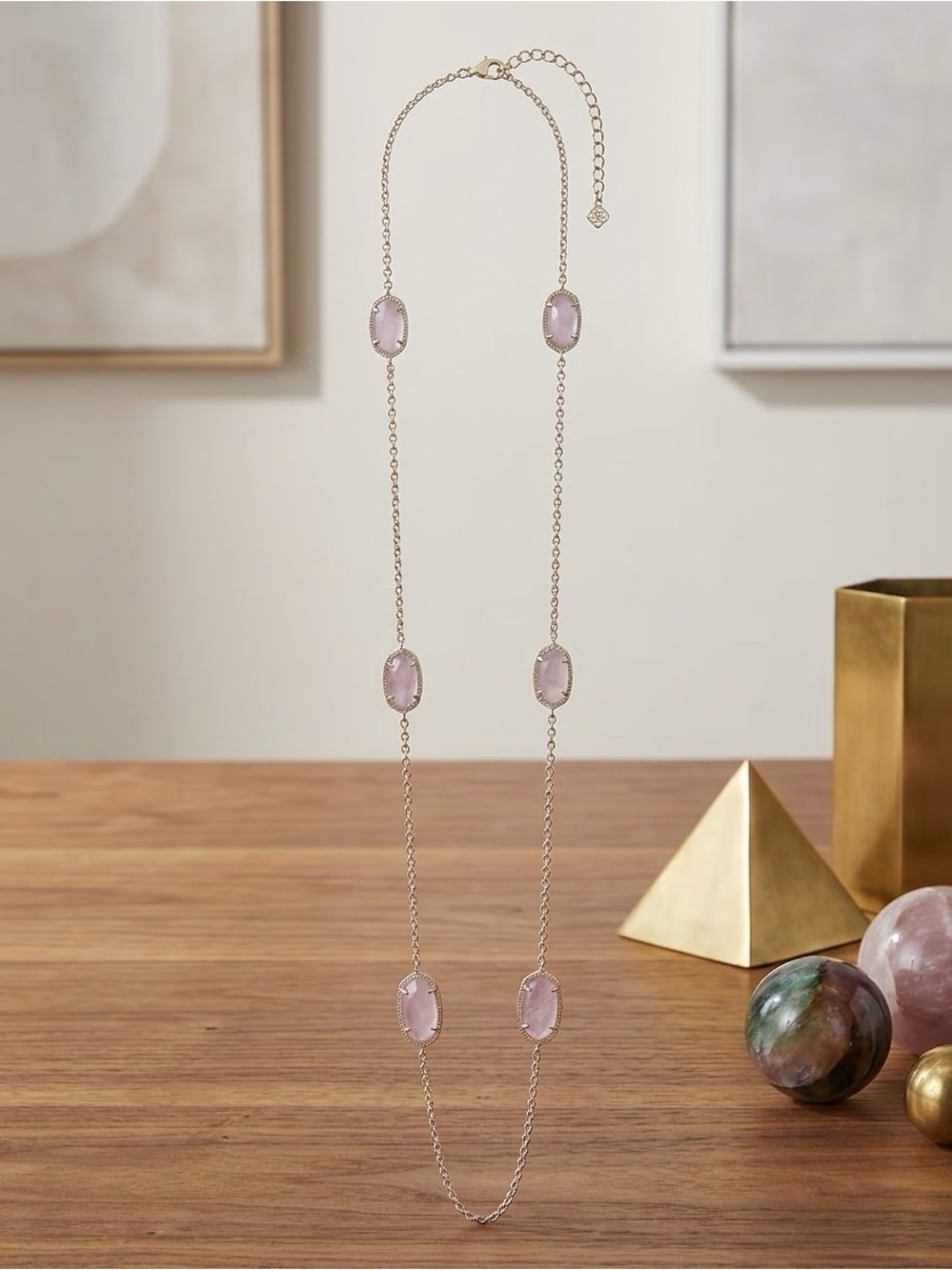 Kendra Scott Silver Long Necklace with Pale Pink Stones